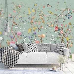 NAUZHA Green Chinoiserie Wallpaper Mural, Vintage Silk Wall Panels - Spring Forever SI-023