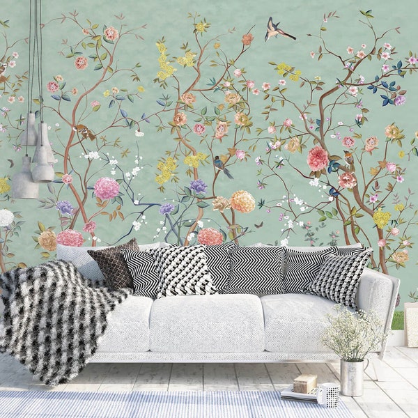 NAUZHA Green Chinoiserie Wallpaper Mural, Vintage Silk Wall Panels - Spring Forever SI-023