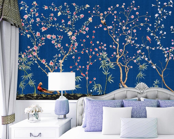 Blue Chinoiserie Wallpaper Trees Bird Wallpaper Floral Wallpaper Living  Room Wall Mural Peel and Stick  Concrete wallpaper Grey concrete  wallpaper Pink marble wallpaper