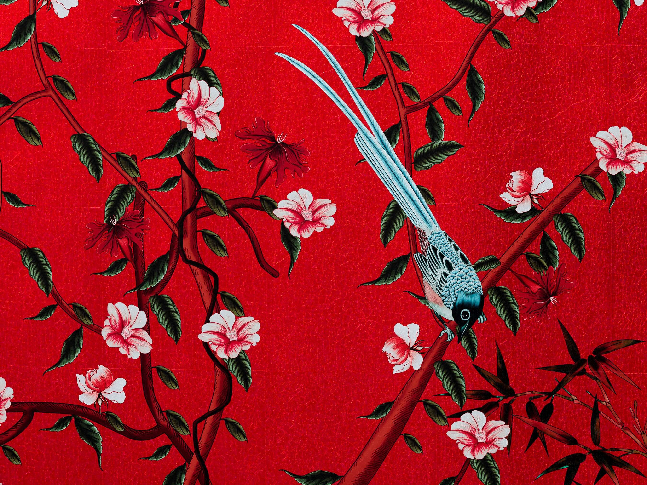NAUZHA Red Metallic Chinoiserie Wallpaper Mural, Vintage