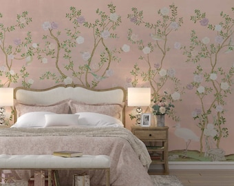 NAUZHA Pink Metallic Chinoiserie Wallpaper Mural, Vintage Foil/leaves Wall Panels, Asian Art, Oriental, The Rose MT-017