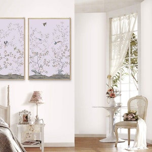 Paneles morados estilo chinoiserie NAUZHA, juego de 2, tela de seda, arte mural, decoración de pared, calcomanía de pared, tapiz - Hábitat Espiritual P001