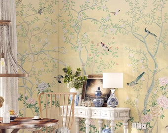 NAUZHA Yellow Metallic Chinoiserie Wallpaper Mural, Vintage Silver Foil/leaves Wall Panels, Asian Art, Oriental,  Life Cycle MT-010