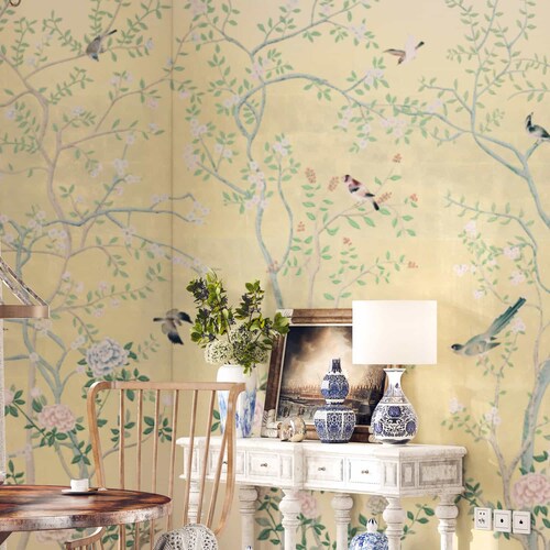 NAUZHA Yellow Metallic Chinoiserie Wallpaper Mural Vintage Etsy