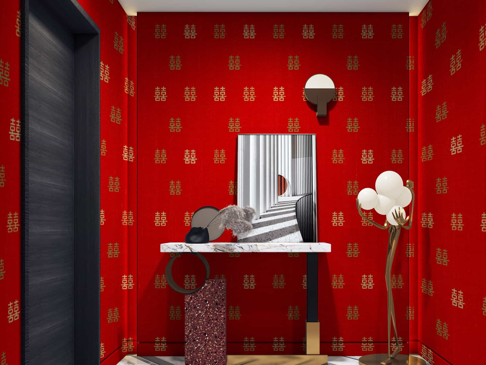 NAUZHA Red Chinoiserie Wallpaper Mural, Vintage Silk Wall