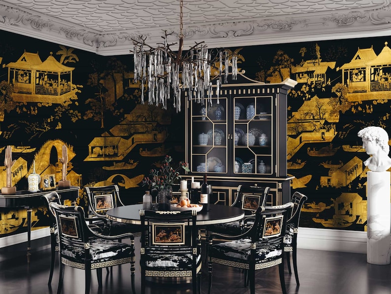 NAUZHA Black and Gold Chinoiserie Wallpaper Mural Vintage Etsy