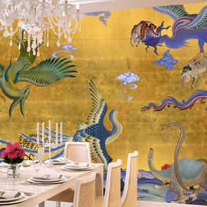 NAUZHA Gold Leaf Chinoiserie Wallpaper, Vintage Metallic Mural - Mythical Creatures MT-007