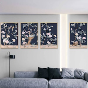 NAUZHA Chinoiserie Navy Blue Panels, 4er Set, Seidenstoff, Wandkunst, Wanddekoration, Wandtattoo, Wandbehang - Pfingstrose mit günstigen Vögeln P006