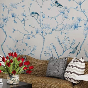NAUZHA Carta da parati blu e bianca Cineseria Murale, pannelli murali in seta vintage - Gazze allegre e fiori in erba SI-014