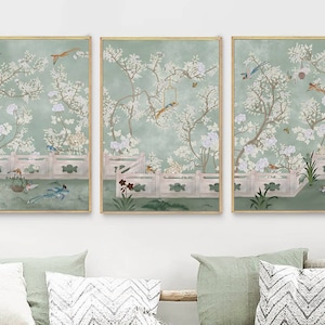Pannelli verdi Chinoiserie NAUZHA, set da 3, tessuto di seta, decorazione murale, decalcomania da parete, arazzo - Birds Garden P005