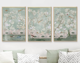 NAUZHA Chinoiserie Green Panels, Set of 3, Silk Fabric, Wall Art, Wall Decor, Wall Decal, Wall Hanging - Birds Garden P005