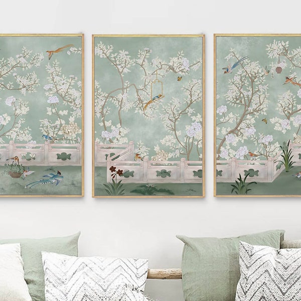 NAUZHA Chinoiserie Green Panels, Set of 3, Silk Fabric, Wall Art, Wall Decor, Wall Decal, Wall Hanging - Birds Garden P005