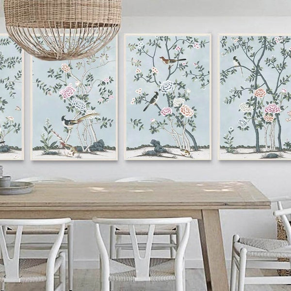 Paneles de arte mural de seda estilo chinoiserie, decoración de peonías azules, juego de 4