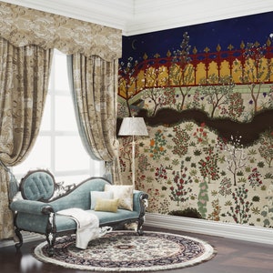 NAUZHA Champagne Metallic Persian Wallpaper Mural, Vintage Foil/leaves Wall Panels, Asian Art, Oriental, Royal Garden MT-047