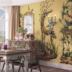 NAUZHA Gelbe Chinoiserie Tapete Wandbild, Vintage Wandplatten, asiatische Kunst, Orientalische Kunst- Französischer Garten SI-054