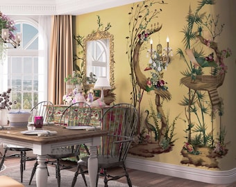 NAUZHA Yellow Chinoiserie Wallpaper Mural,  Vintage Wall Panels, Asian Art, Oriental Art- French Garden SI-054