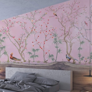 NAUZHA Pink Chinoiserie Wallpaper Mural, Vintage Silk Wall Panels - Pink Romance SI-020