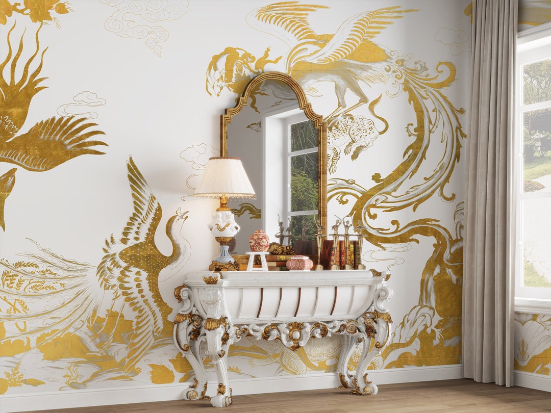 White and Gold Metallic Rococo Wallpaper – Designer Oriental Artwork ...