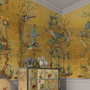 NAUZHA Gold Metallic Chinoiserie Wallpaper Mural, Vintage Rococo Foil/leaves Wall Panels, Asian Art, Oriental, French Garden MT-026