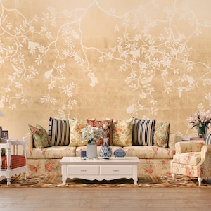 NAUZHA Champagne Metallic Chinoiserie Tapete Wandbild, Vintage Folie/Blätter, Wandpanels, Asiatische Kunst, Orientalisch, unzertrennlich MT-031
