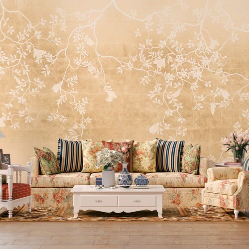 NAUZHA Champagne Metallic Chinoiserie Wallpaper Mural Vintage Etsy
