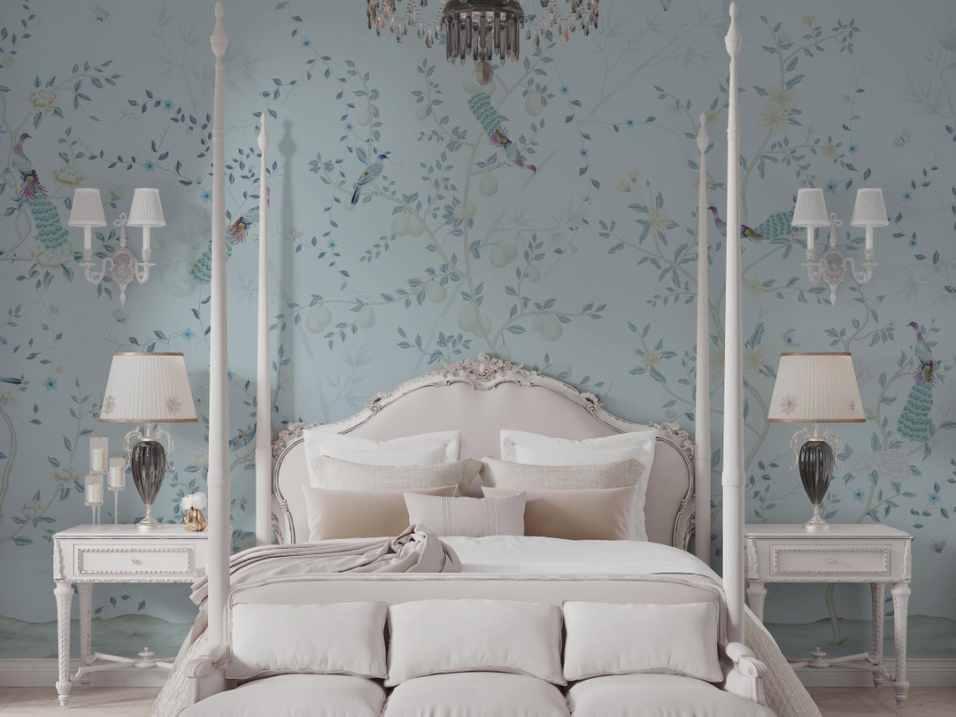 Pale Blue Chinoiserie Wallpaper – Designer Floral Decorative Mural ...