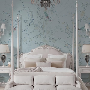 NAUZHA Pale Blue Chinoiserie Carta da Parati Murale, Pannelli Murali Vintage, Arte Asiatica, Arte Orientale - Vines Twine SI-073