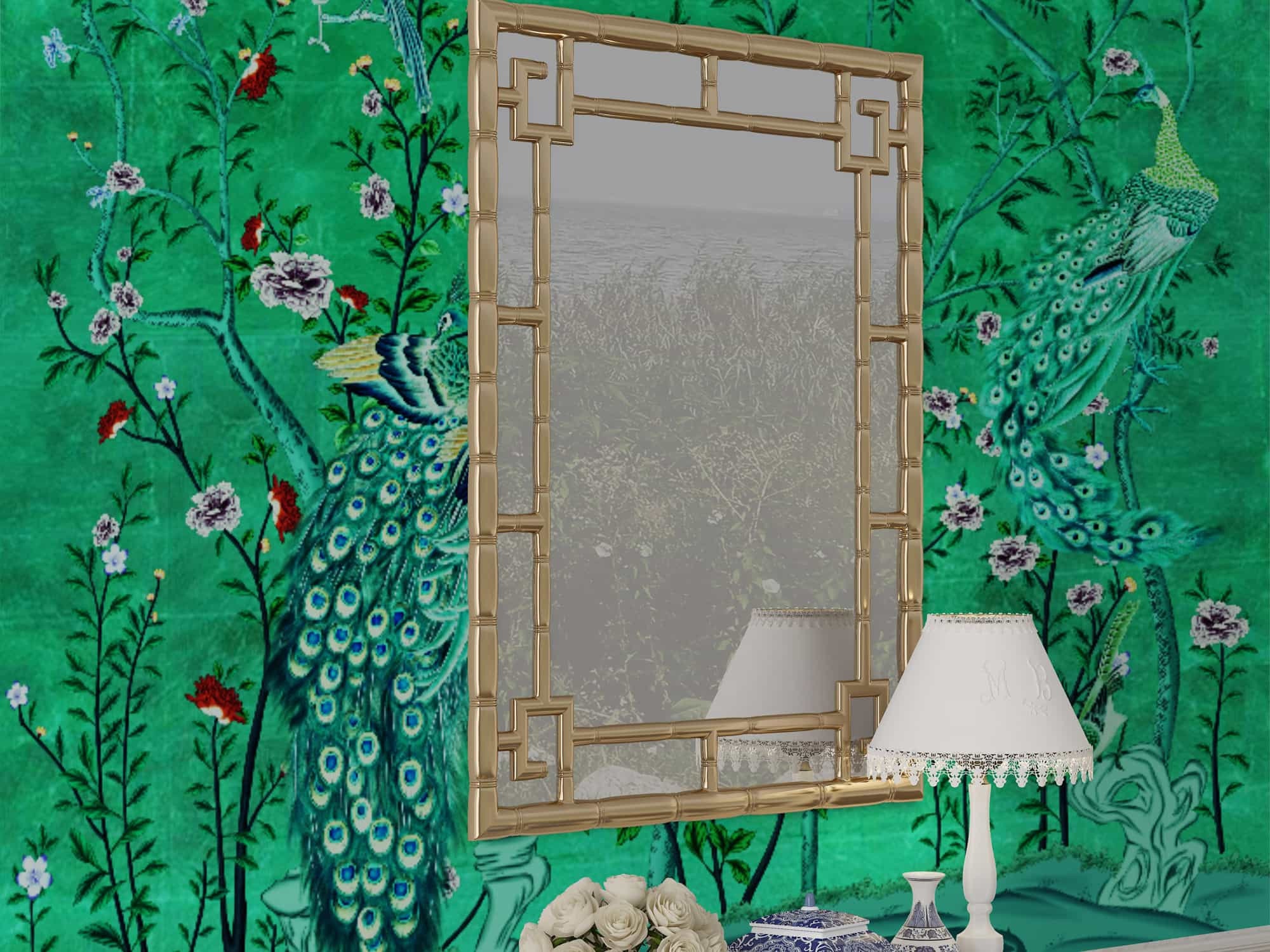 NAUZHA Jade Metallic Chinoiserie Wallpaper Mural, Vintage Foil/leaves Wall Panels, Asian Art,  Oriental Art - Beauty-loving Peacock MT-035