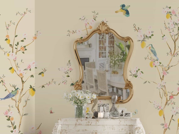NAUZHA Cream Chinoiserie Wallpaper Mural, Vintage Wall