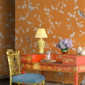 NAUZHA Orange Chinoiserie Carta da Parati Murale, Pannelli Murali Vintage, Arte Asiatica, Arte Orientale- Baby Peony SI-080