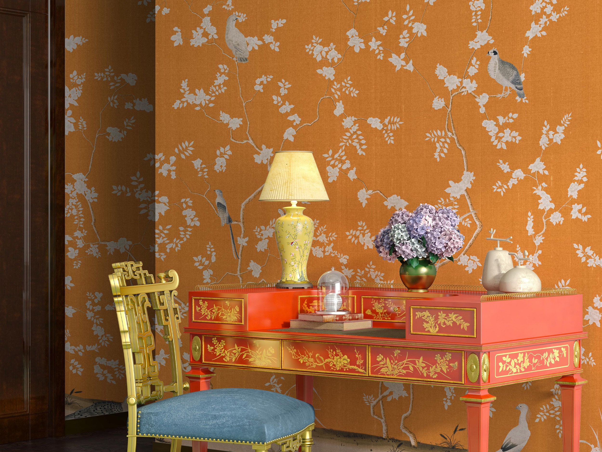 Orange Chinoiserie Wallpaper - Designer Chinoiserie Garden for Refined ...