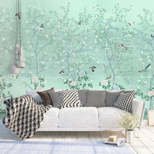 NAUZHA Mint Green Silver Leaf Chinoiserie Wallpaper, Vintage Metallic Mural - Life Cycle MT001