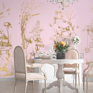 NAUZHA Pink and Gold Metallic Chinoiserie Rococo Wallpaper Mural, Vintage Foil/leaves Wall Panels, Asian Art,  French Garden MT-050
