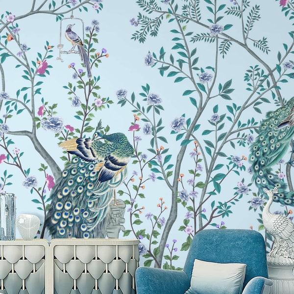 NAUZHA Blue Chinoiserie Wallpaper Mural, Vintage Silk Wall Panels - Beauty-loving Peacock SI-012