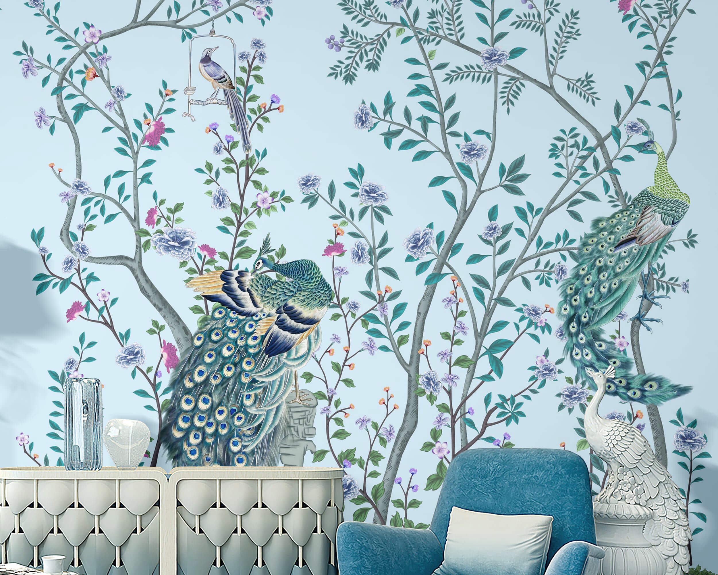 Blue Chinoiserie Wallpaper with Limestone Fireplace  Transitional  Living  Room