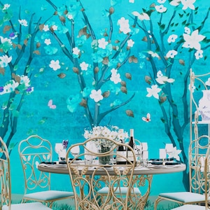 NAUZHA Blue Metallic Chinoiserie Tapete Wandbild, Vintage Folie/Blätter Wandpanels, Asiatische Kunst, Orientalisch, Bunter Wald MT-015