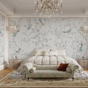NAUZHA Grey Chinoiserie Wallpaper Mural, Vintage Wall Panels, Asian Art, Oriental Art- Vines Twine SI-072