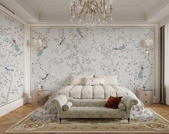 NAUZHA Grey Chinoiserie Wallpaper Mural,  Vintage Wall Panels, Asian Art, Oriental Art- Vines Twine SI-072