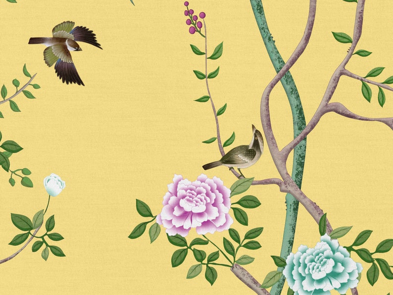 NAUZHA Yellow Chinoiserie Wallpaper Mural Vintage Silk Wall Etsy