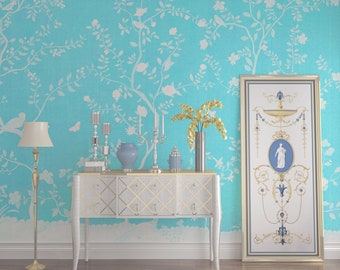 NAUZHA Turquoise Blue Chinoiserie Wallpaper Mural,  Vintage Wall Panels, Asian Art, Oriental Art- Elegant Garden SI-076