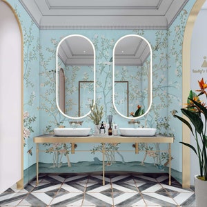 NAUZHA Blue Metallic Chinoiserie Wallpaper Mural, Vintage Silver Foil/leaves Wall Panels, Asian Art, Oriental, Life Cycle MT-011