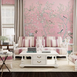 NAUZHA Pink Metallic Chinoiserie Wallpaper Mural, Vintage Silver Foil/leaves Wall Panels, Asian Art, Oriental, Life Cycle MT-008