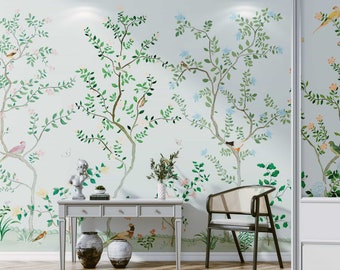 NAUZHA Light Green Chinoiserie Wallpaper Mural,  Vintage Wall Panels, Asian Art, Oriental Art- -Elegant Garden SI-037