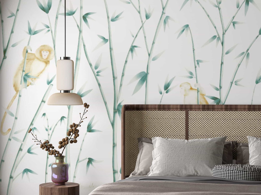 NAUZHA Green and White Chinoiserie Wallpaper Mural, Vintage Wall Panels