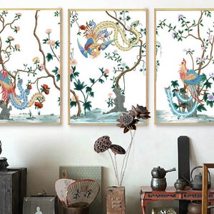 NAUZHA Chinoiserie weiße Paneele, 3er-Set, Seidenstoff, Wandkunst, Wanddekoration, Wandbehang - Phoenix Nirvana P004
