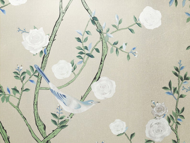 NAUZHA Ivory Metallic Chinoiserie Wallpaper Mural, Vintage Foil/leaves Wall Panels, Asian Art, Oriental, The Rose MT-016 image 3