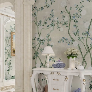 NAUZHA Ivory Metallic Chinoiserie Carta da parati murale, Vintage Lamina / foglie Pannelli da parete, Arte asiatica, Orientale, La rosa MT-016