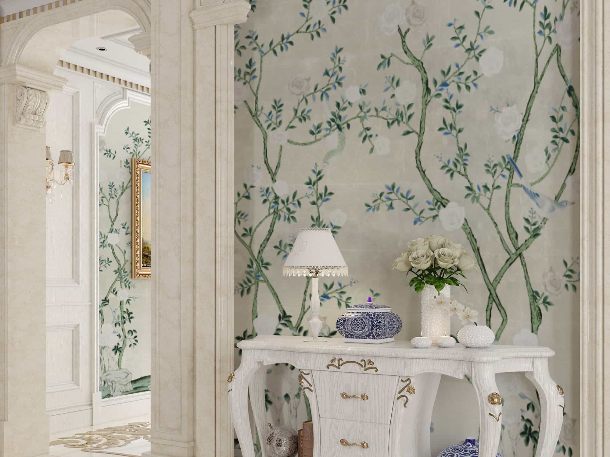 NAUZHA Ivory Metallic Chinoiserie Wallpaper Mural, Vintage Foil/leaves Wall Panels, Asian Art, Oriental, The Rose MT-016