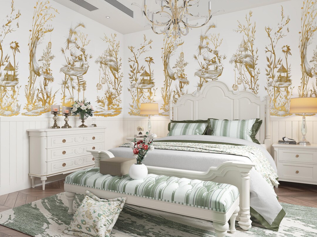 White and Gold Metallic Rococo Wallpaper – Artistic Floral Wall Mural ...