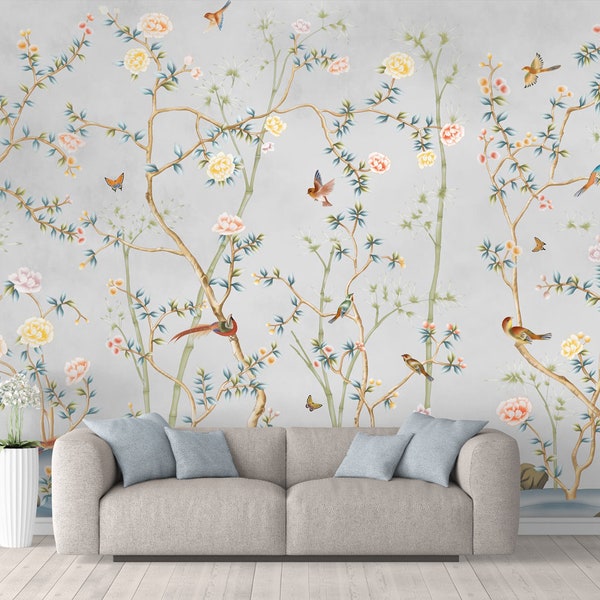 Nauzha chinoiserie wallpaper - vintage bird wallpaper - chinoiserie removable wallpaper - chinoiserie mural sample WP0102